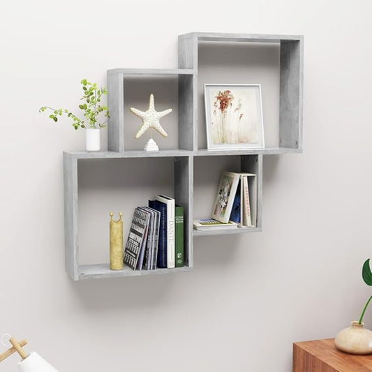 Wall Cube Shelf with 5 Compartments, Modern Floating Storage Organizer for Books and Collectibles, Concrete Grey Engineered Wood Decorative Display Unit