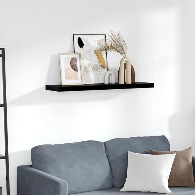 Floating Wall Shelf, Modern High Gloss Black Display Ledge, 35.4 Inch Decorative Storage Rack for Bedroom, Living Room, and Office, Wall Mounted MDF Shelf