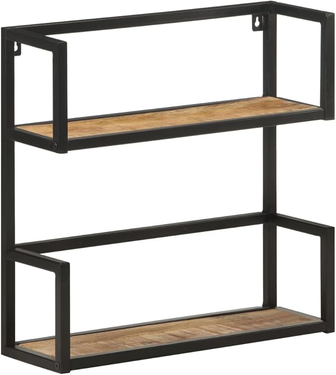 Rustic Wall Shelf with Black Metal Frame 23.6 Inch Floating Shelves for Living Room Bedroom Storage Organizer, Natural Mango Wood Bookshelf with Unique Wood Grain