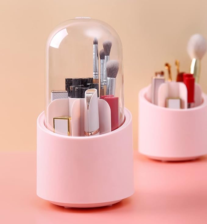 GBSTORE Makeup Brushes Holder Organizer with Clear Lid,360 Degree Rotating Makeup Brush Storage Container Dustfree Cosmetic Display Case Holder for Bathroom Countertop Vanity Desktop (Pink)