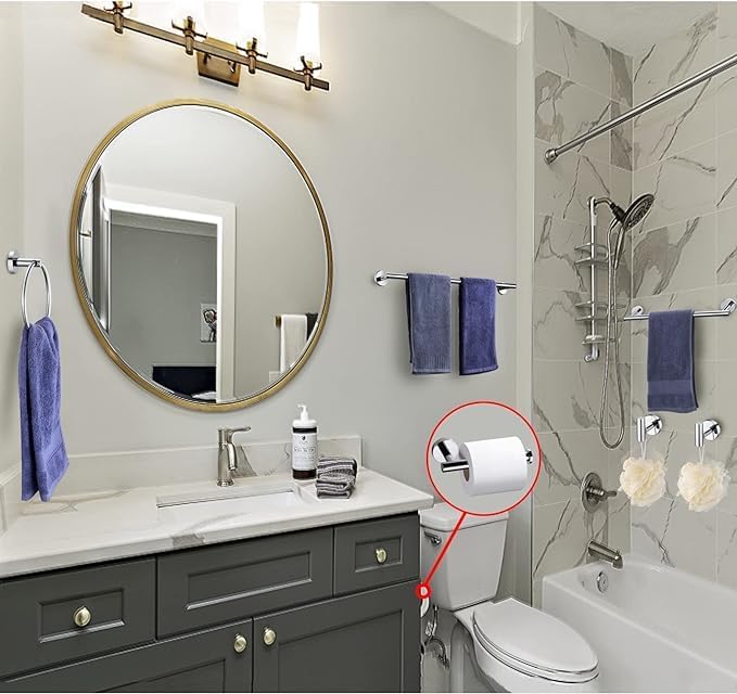 10 Pieces Polished Chrome Bathroom Hardware Accessories Set,Hand Towel Ring,16 inch Towel Bar,Toilet Paper Holder,4pcsTowel Hooks,Round SUS304 Stainless Steel Heavy Duty Wall Mount Holder,Towel Rack