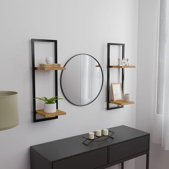 Wall Shelf Set of 2, Rustic Solid Acacia Wood Floating Shelves with Matte Black Steel Frame, Decorative Storage Wall Shelves for Bedroom, Living Room, and Office