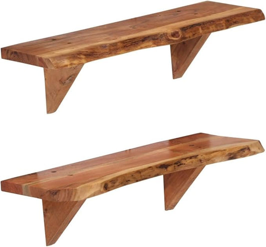Set of 2 Solid Acacia Wood Floating Wall Shelves, Rustic Wood Display Shelving for Living Room, Bathroom and Bedroom, Decorative Wall Mount Storage Organizer, Medium