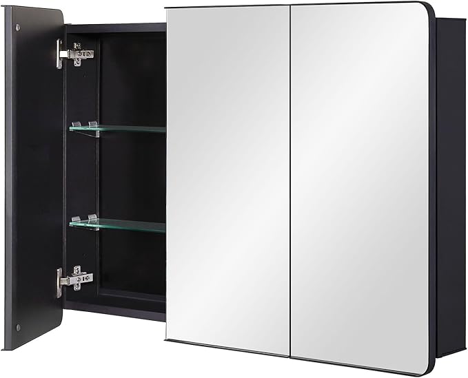IDYLLOR Bathroom Mirror Medicine Cabinet with Round Corner Framed Door 36 x 26 inch, Black，Recessed or Surface Mount, with Adjustable Glass Shelves