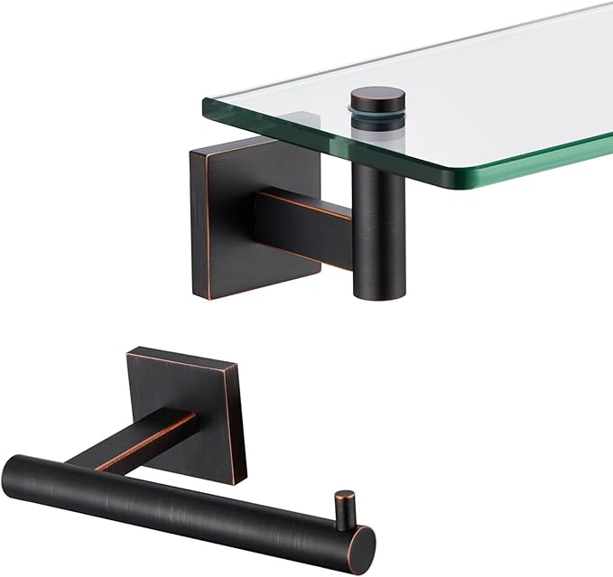 KOKOSIRI 12-Inch Bathroom Shelves Glass Floating Shelf Toilet Roll Holder Toilet Paper Holder Stainless Steel Oil Rubbed Bronze B1105ORB-L12+B2005ORB