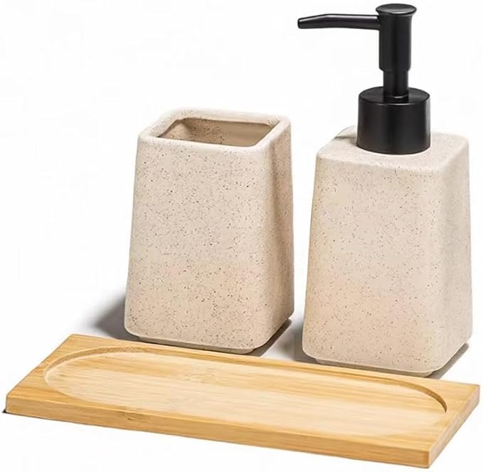 Beige Soap Dispenser and Toothbrush Holder Set,Ceramic Bathroom Accessories Set with Tray.Lotion Dispenser and Tumbler for Modern Bathroom Decor