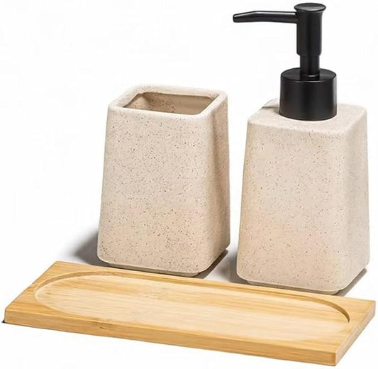 Beige Soap Dispenser and Toothbrush Holder Set,Ceramic Bathroom Accessories Set with Tray.Lotion Dispenser and Tumbler for Modern Bathroom Decor