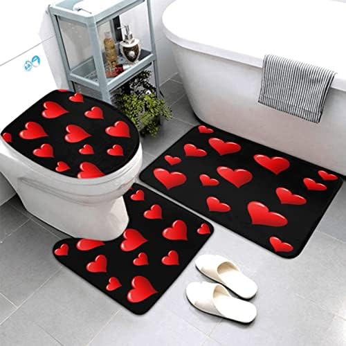 LOKMU 4 Pcs Shower Curtain Sets with Non-Slip Rugs, Toilet Lid Cover and Bath Mat,Black and Red Hearts Waterproof Shower Curtain with 12 Hooks, Bathroom Decor Sets, 72" x 72"