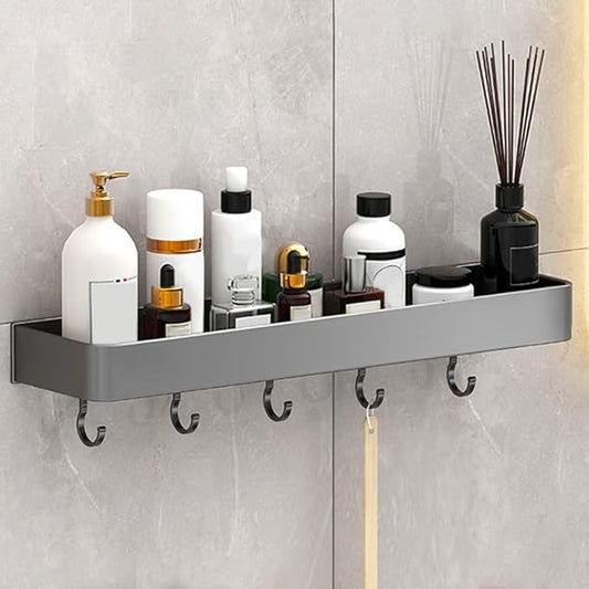 Keenso Gray Space Aluminum Bathroom Shelf, Wall Mounted Storage Rack, Drain, Hollow Design, Large Capacity, 30cm (Singler Layer with Hook)