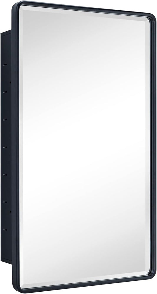TEHOME Farmhouse Matt Black Recessed Bathroom Medicine Cabinet with Mirror Rounded Rectangle Metal Framed Medicine Cabinet with Beveled Mirror 20x30''