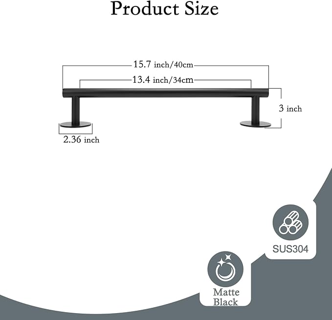 Hand Adhesive Bathroom Towel Bars, 16 Inch Stainless Steel Towel Racks for Bathroom or Kitchen Wall Mounted, Heavy Duty Hand Towel Holder Organizer, Modern Home Decor Towel Rod, Black