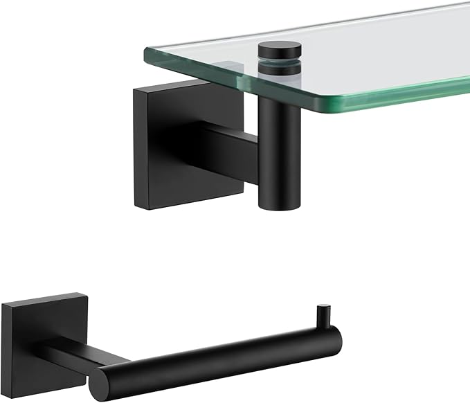 KOKOSIRI 20-Inch Bathroom Shelves Glass Floating Shelf Toilet Roll Holder Toilet Paper Holder Stainless Steel Matte Black B1105BK-L20+B2005BK