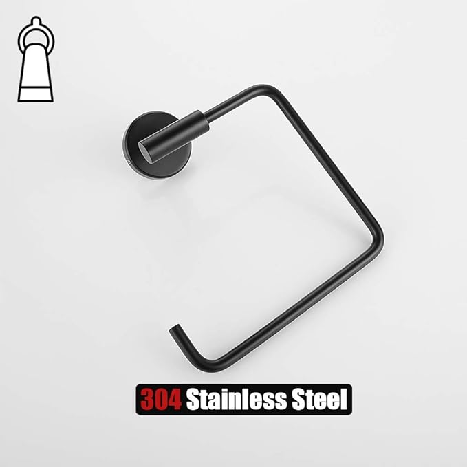 JQK Black Towel Ring, Stainless Steel Square Ring Towel Holder for Bathroom, 6 Inch Matte Black Wall Mount, TR140-PB
