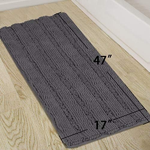 Turquoize Plush Chenille Bath Rug, Gray, Large (47 x 17"), Non-Slip, Washable, Water Absorbent & Soft, For Bathroom Floor