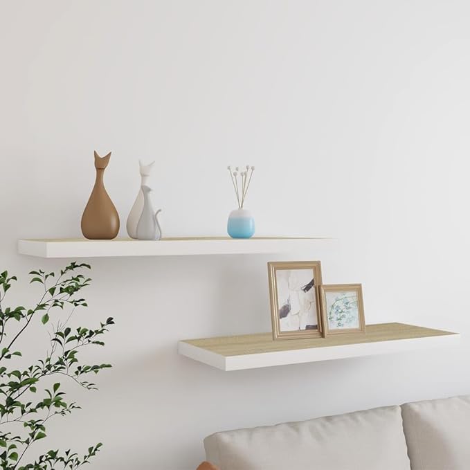 Floating Wall Shelves 2 Pack Oak White 31.5x9.3x1.5 Inches MDF Modern Invisible Mounting Display Rack for Living Room Bedroom Home Decor Storage