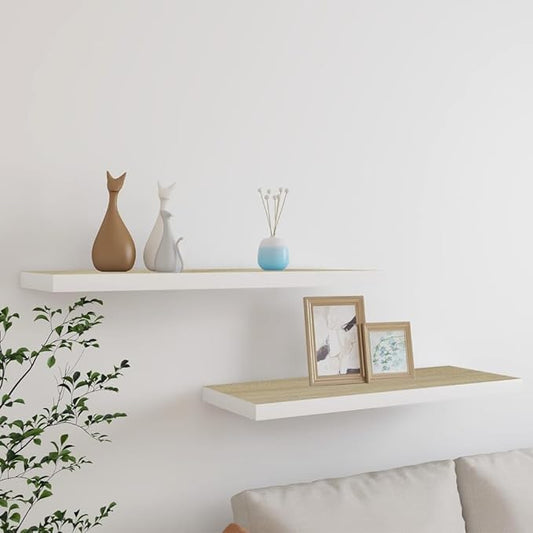 Floating Wall Shelves 2 Pack Oak White 31.5x9.3x1.5 Inches MDF Modern Invisible Mounting Display Rack for Living Room Bedroom Home Decor Storage
