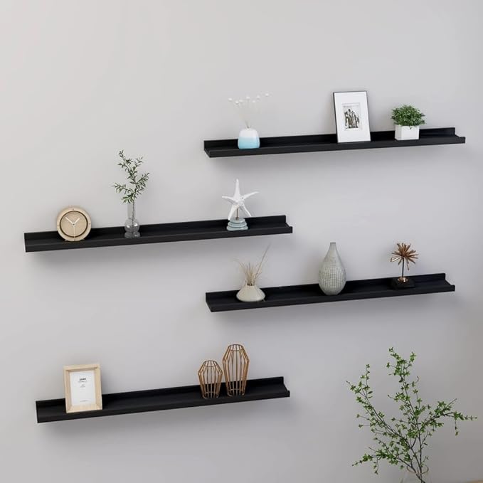 Wall Shelves 4 pcs Black 31.5x3.5x1.2 inch Floating for Wall Decor, Modern MDF Storage Shelves for Living Room Bedroom Kitchen Display Organizer