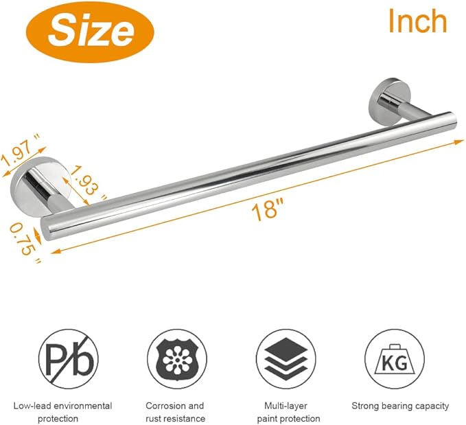 TocTen Bath Towel Bar - Thicken SUS304 Stainless Steel Bathroom Towel Holder, Towel Rod for Bathroom Heavy Duty Wall Mounted Towel Rack Hanger (18IN, Polished Chrome)