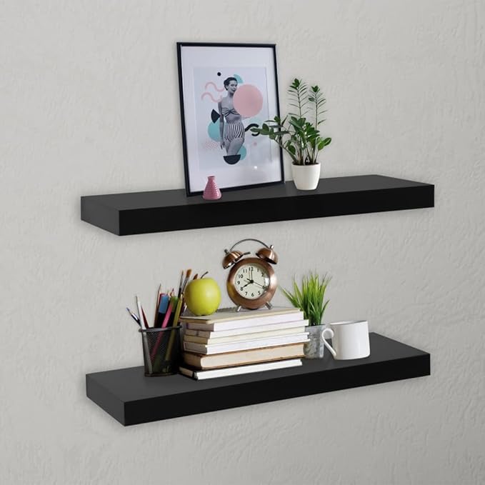 Set of 2 Floating Wall Shelves, 15.7 inch Modern MDF Shelving for Bedroom, Living Room, Display Storage Organizer, Matte Black Finish