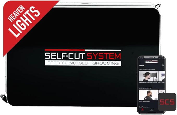Self-Cut System LED 3 Way Mirror for Self Hair Cutting, Trifold Barber Mirror with Height Adjustable Hooks, 360 View, Includes Free Educational Mobile App (Heaven Lights)
