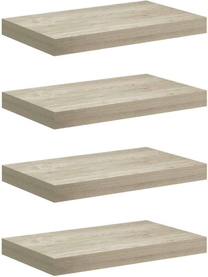 Set of 4 Floating Wall Shelves, Oak Finish Rectangular Display Ledge for Bedroom, Living Room, Modern Wall Mounted Storage Shelving Unit