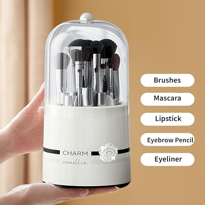 Makeup Brush Holder with Lid Rotating Organizer for Vanity Dustproof Make Up Brushes Organizer Cosmetics Storage for Bathroom Countertop Desktop