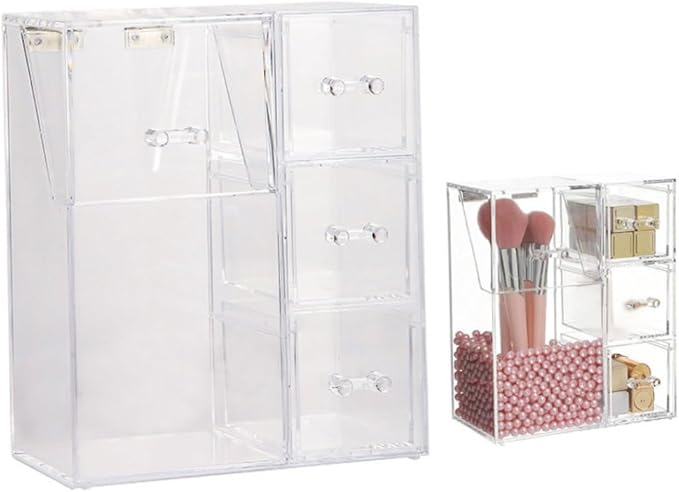 Acrylic Makeup Organizer Clear Cosmetic Brush Holder with Dustproof Lid 3 Drawers. Canisters