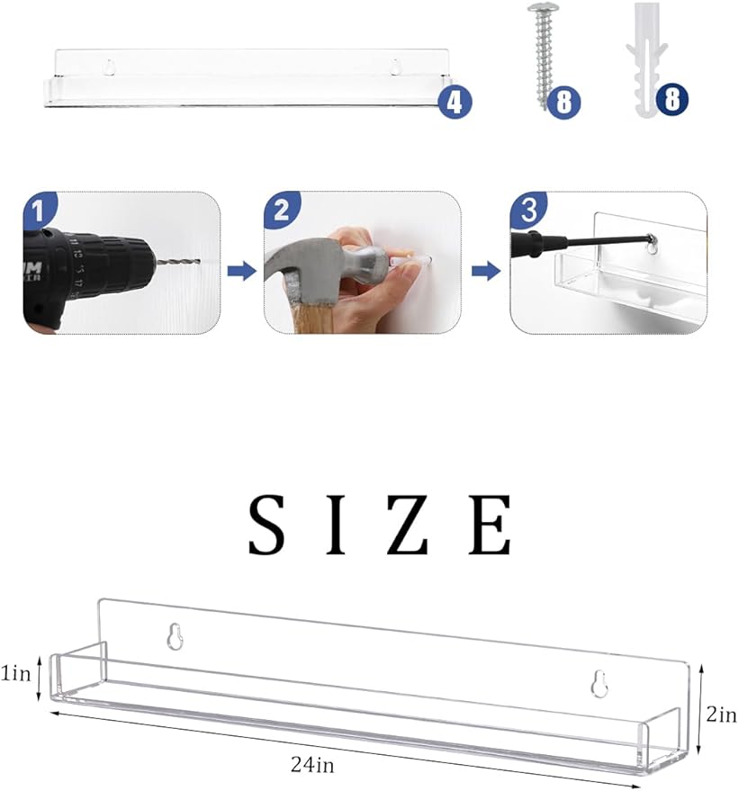Coward 6 Piece 24" Long Clear Nail Polish Organizer Rack Wall Mounted, Acylic Big Essential oil Display Stand, Nail Paint Storage Holder, Displays 180-200 Bottles