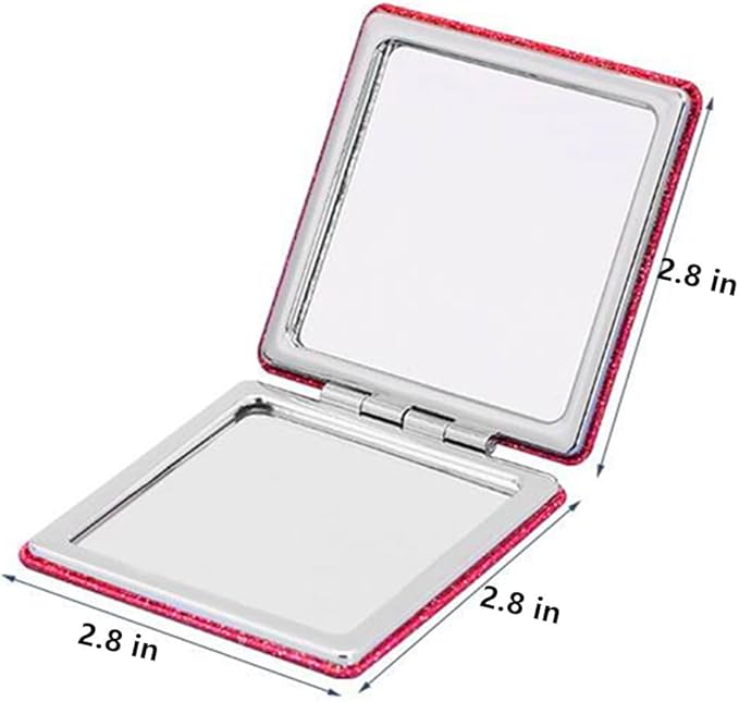 Square Pink Compact Mirror for Women,Small Magnifying Travel Mirror with Glitter,Portable 2 x 1x Magnification Folding Pocket Makeup Mirror Cosmetic Mirror for Gift Travel Essentials