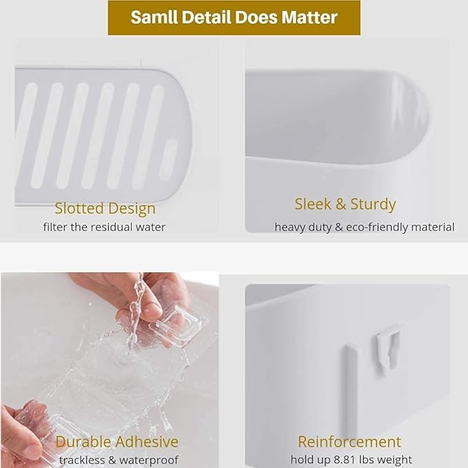 SUNFICON Adhesive Shower Caddy Wall Mounted Bathroom Shelf Organizer Storage Rack No Drilling Shower Shelf Bath Essentials Shampoo Spice Holder 2 Clear Adhesives for Shower Room Bathroom Kitchen White