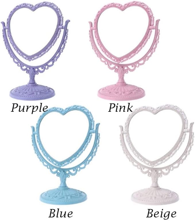 AKOAK Heart-Shaped Cosmetic Mirror - Plastic, Double-Sided, Rotatable, Lightweight - Bathroom & Bedroom Mirror (Blue)