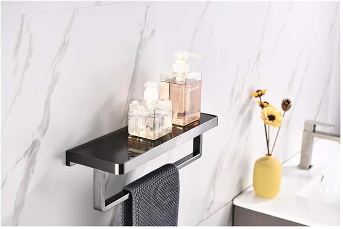 HomeStock Bagno Bianca Stainless Steel Black Glass Shelf with Bar in Gun Metal