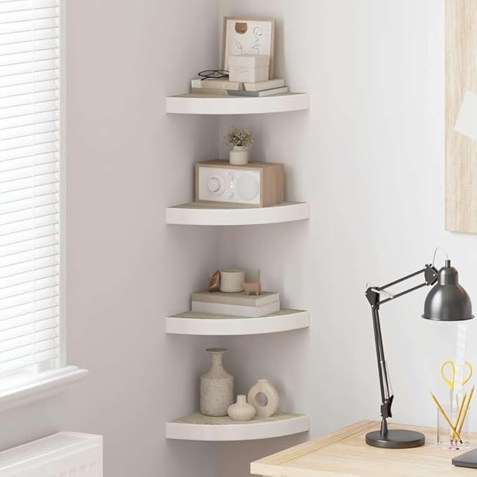 Wall Corner Shelf Set of 4, Floating Shelves for Bedroom Living Room, Modern Oak and White Honeycomb MDF Wood Corner Shelving Unit for Home Decor
