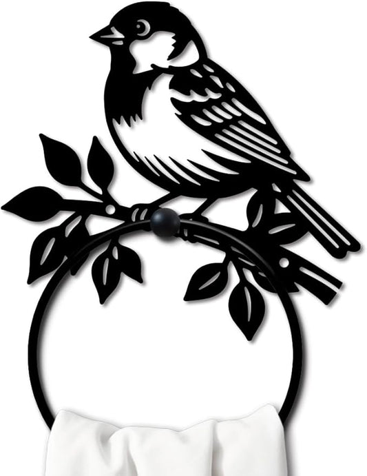 MAYJOYDIY Bird Metal Towel Ring Round Branch Bird Hand Towel Holder Ring Hanger Black Vintage Towels Wall Organizer for Kitchen Bath Home Laundry Room Decors Gifts