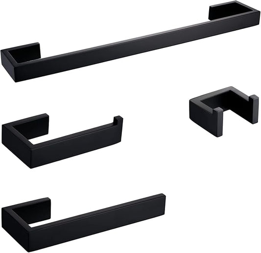 BAGNOLUX Matte Black Bathroom Hardware Set 4 Pieces, Bath Towel Holder Set SUS304 Stainless Steel, Towel Bar Rack Set for Wall Mounted, Square Bathroom Accessories Set Fixture Heavy Duty