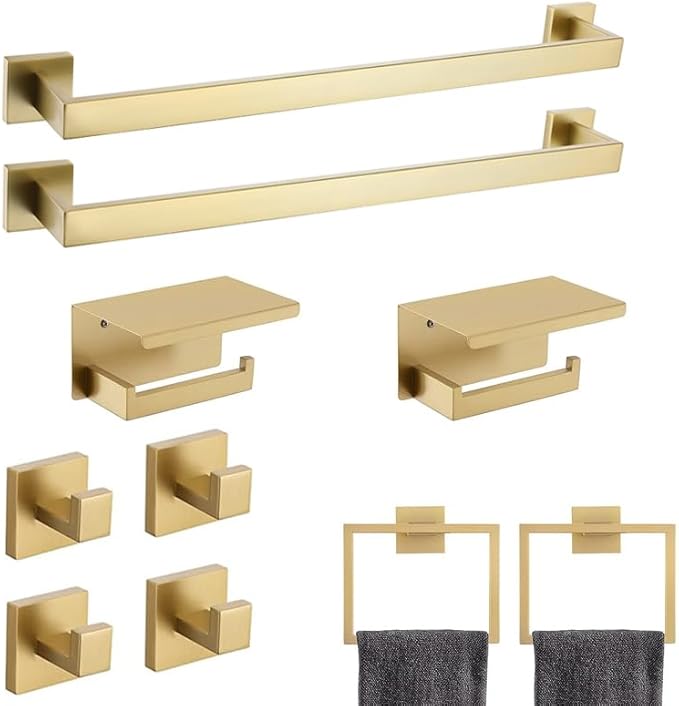 10-Piece Brushed Gold Bathroom Hardware Set SUS304 Stainless Steel, 2×23.6" Towel Bars, 2 Towel Rings, 2 Toilet Paper Holders & 4 Towel Hooks Wall Mounted Bathroom Accessories Set