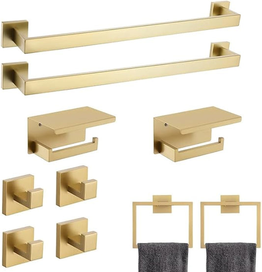 10-Piece Brushed Gold Bathroom Hardware Set SUS304 Stainless Steel, 2×23.6" Towel Bars, 2 Towel Rings, 2 Toilet Paper Holders & 4 Towel Hooks Wall Mounted Bathroom Accessories Set