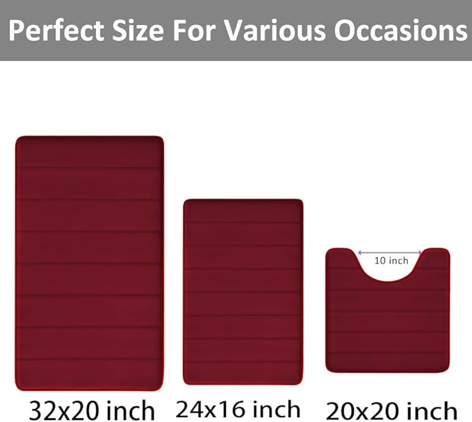 RUN HELIX Burgundy Bathroom Rugs Sets 3 Piece Memory Foam Non Slip Bath Mats for Bathroom Floor and U-Shaped Contour Toilet Rug, Soft Washable Bathroom Mats and Rugs Sets for Toilet Shower Sink