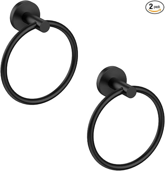 USHOWER 2 Pack Matte Black Towel Ring, Hand Towel Holder for Bathroom Wall Mounted, Durable 304 Stainless Steel, Modern Style