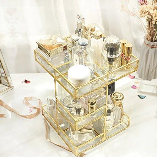 Hersoo 360 Degree Rotation Makeup Organizer Antique Countertop Cosmetic Storage Box Mirror Glass Beauty Display, Gold Spin Large Capacity Holder for Brushes Lipsticks Skincare Toner