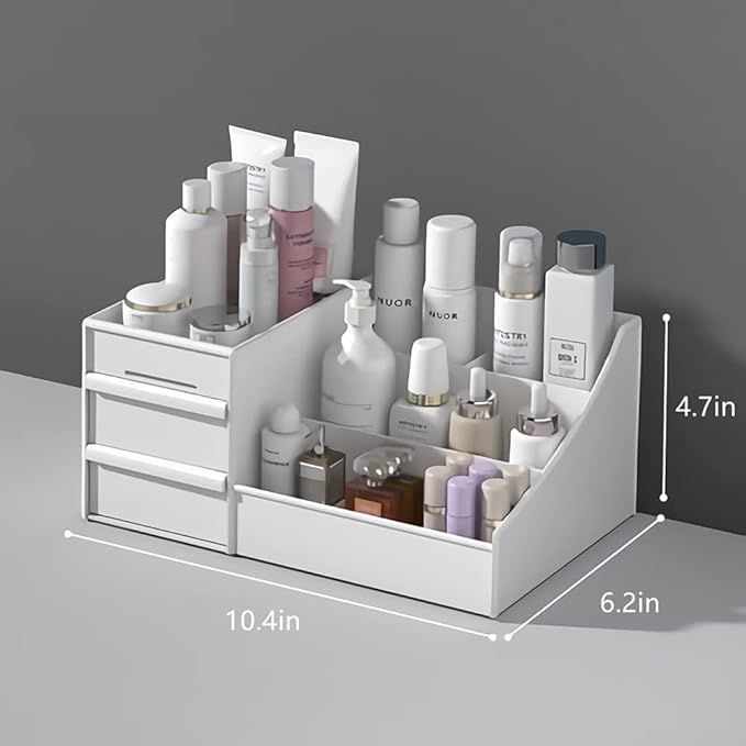 Makeup Desk Cosmetic Storage Box Organizer with Drawers for Dressing Table, Vanity Countertop, Bathroom Counter, Elegant Holder Brushes, Eyeshadow, Lipstick & Nail Polish, White