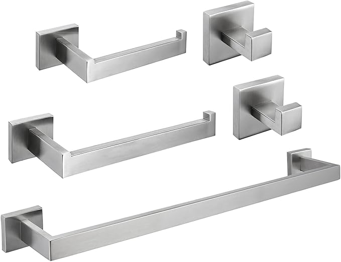 5-Piece Brushed Nickel Bathroom Hardware Accessory Set Including 24inch Towel Bar Toilet Paper Holder Towel Holder Robe Hook Premium SUS 304 Stainless Steel Wall Mounted Square Style,Rustproof