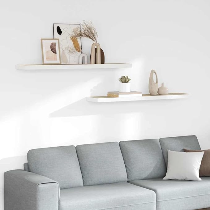 Set of 2 Floating Wall Shelves, 47.2 Inch Long Modern Decorative Shelf for Living Room, Bedroom and Office, Matte Oak and White Wall Mounted Storage Display Ledge