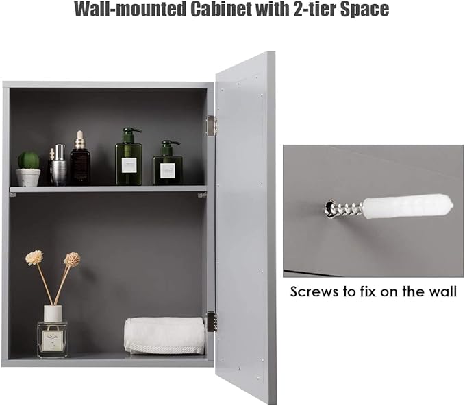 FUTADA Bathroom Medicine Cabinet with Mirror, Wall-Mounted Storage Organizer, Adjustable Shelf & Single Door, Modern Mirror Cabinet for Living Room, Bedroom, Hallway (Grey)