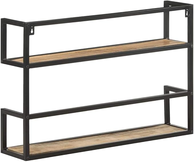 Industrial Wall Shelf 31.5 Inch Floating Shelves with Powder-Coated Iron Frame, 2-Tier Rustic Mango Wood Storage Rack for Living Room, Bedroom, Home Office Decor