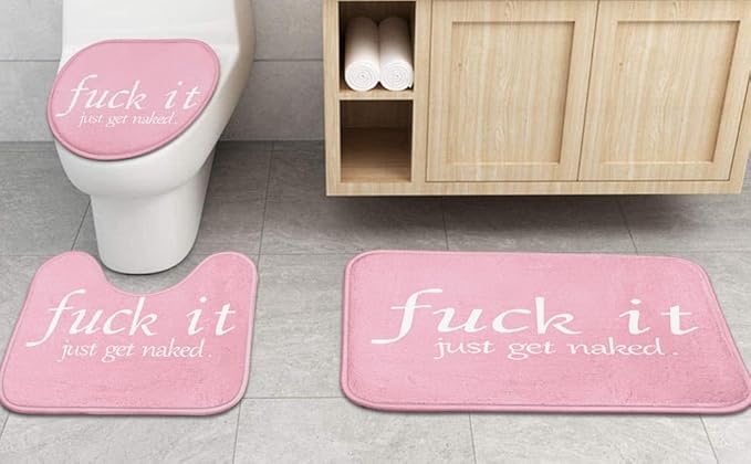 ArtSocket 4PC Pink Funny Get Naked Shower Curtain Sets Bathroom Decor with Rugs, Non-Slip Rug,Toilet Lid Cover, Bath Mat and 12 Hooks 72x72 inches