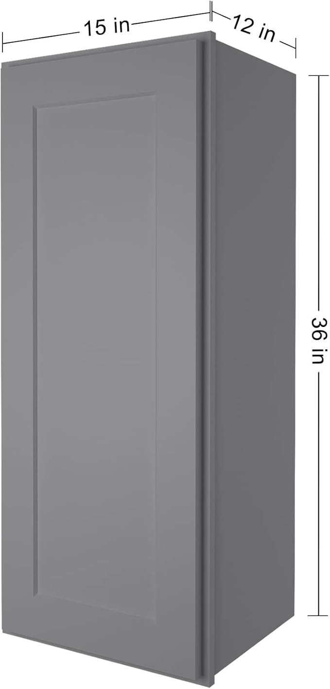 ROOMTEC Wood Wall Cabinet,RTA Single Door Medicine Cabinet with Adjustable Shelves and Soft-Close Door for Kitchen, Bathroom, and Laundry. 12" D*15" W*36" H, Shaker Grey