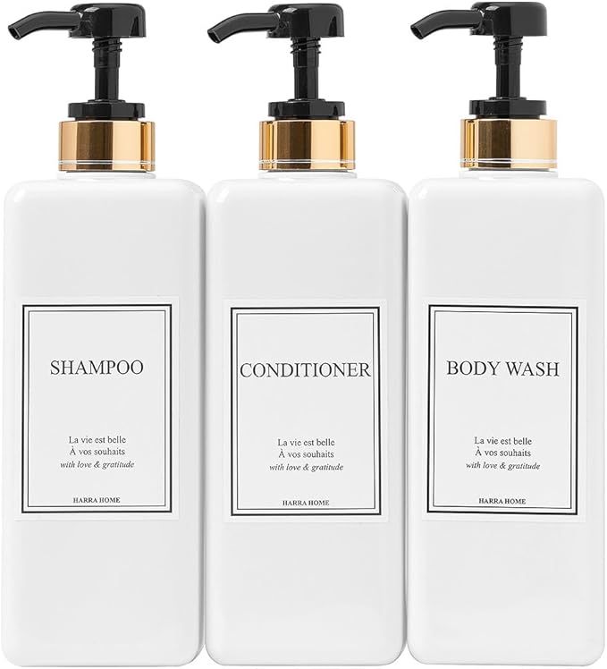 Shampoo and Conditioner Dispenser - Modern Gold Design Large 27oz Shower Soap Dispenser Set of 3, Refillable Empty Plastic Pump Bottles for Bathroom, 6 Waterproof Labels Included, Black