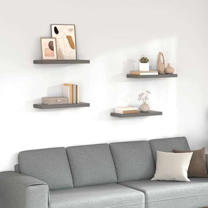 Set of 4 Floating Wall Shelves, Modern High Gloss Grey MDF Decorative Display Ledges for Bedroom, Living Room and Office, 23.6 Inch Rectangular Storage Racks