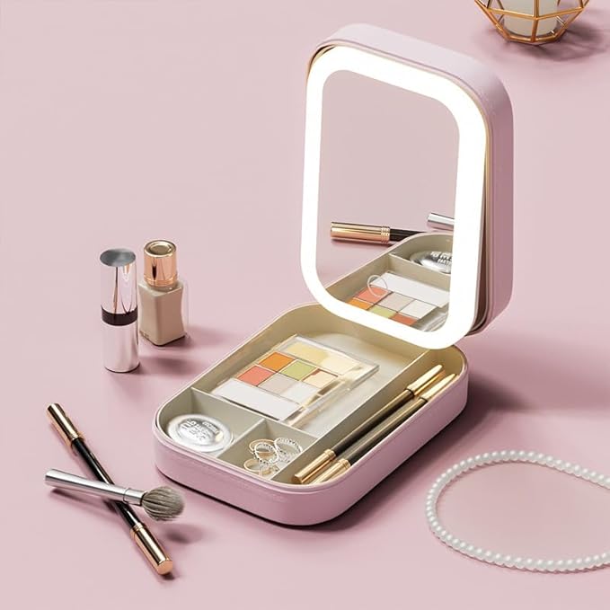 Cosmetic storage box with light mirror integrated dresser desktop skincare organizer Dustproof portable box (Cream white storage box)